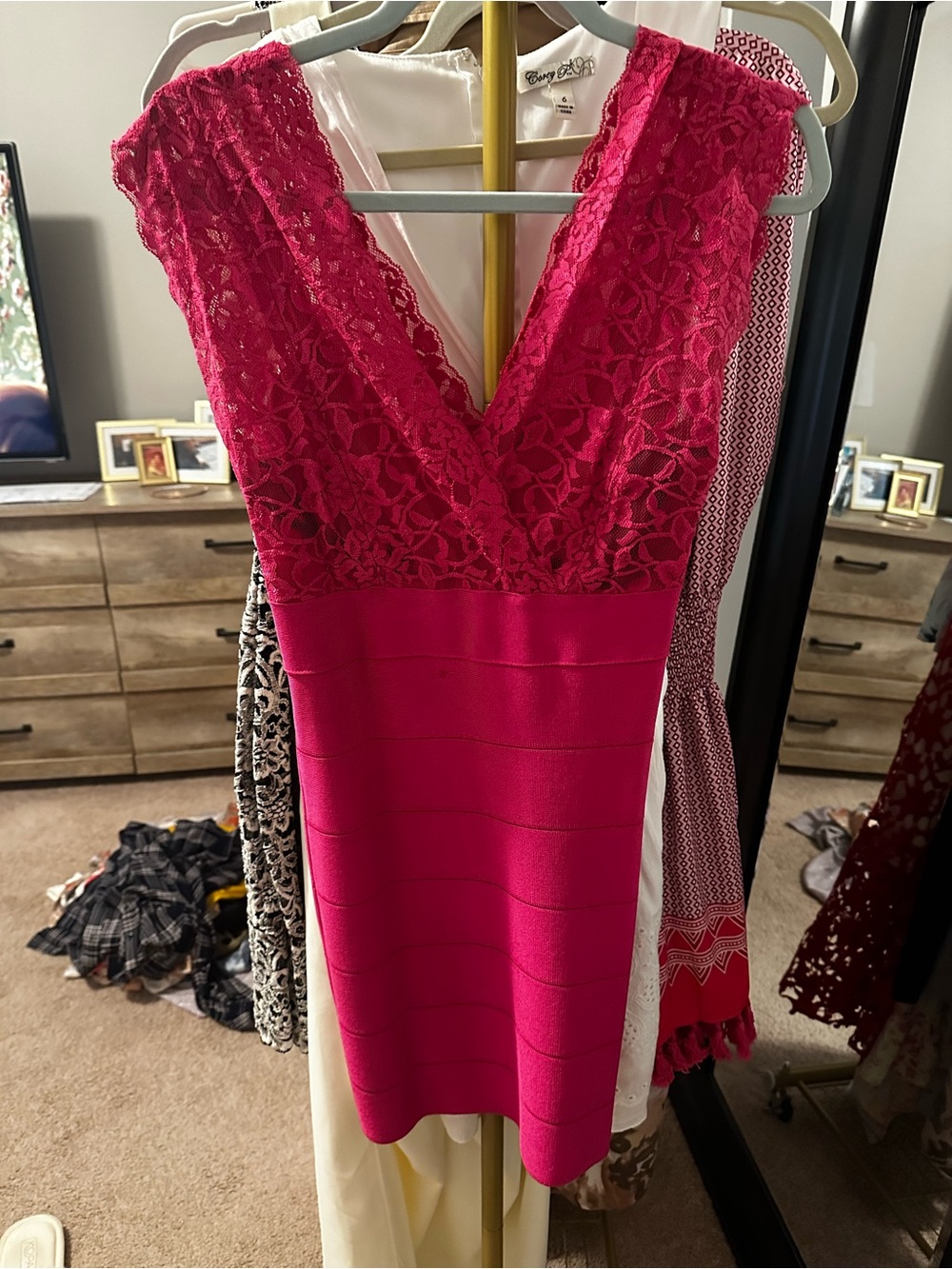 bebe Fuchsia Lace-Front Strapless Sheath Dress